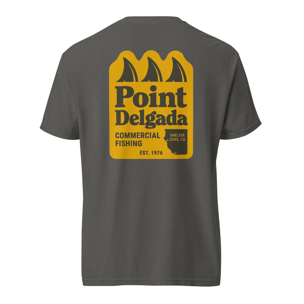 Point Delgada Three Fins T-Shirt with goldenrod vintage badge on the back and left-chest Point Delgada Fishing Co. logo on the front