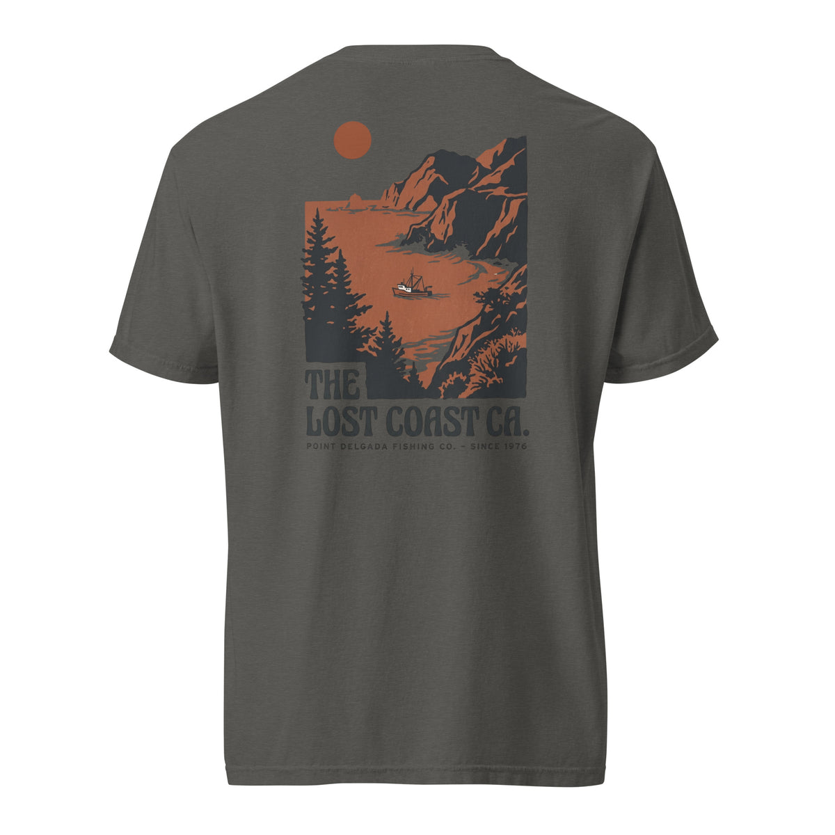 White Point Delgada Lost Coast Cliffs T-Shirt with rust and charcoal vintage print of cliffs, redwoods and a fishing boat on the back and left-chest Lost Coast CA. logo on the front