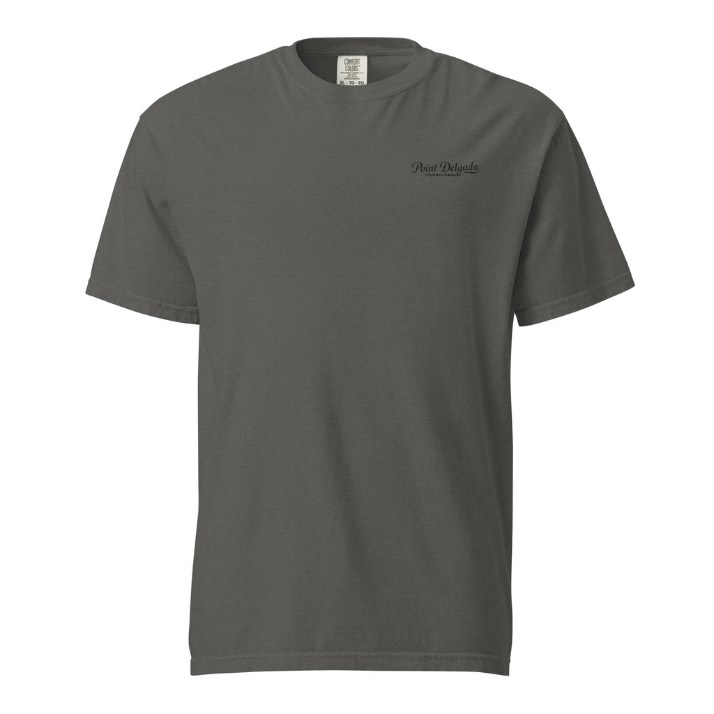 Back: White Point Delgada Home Port T-Shirt with black fish house, pier, fishing boat and Shelter Cove, California coordinates graphic