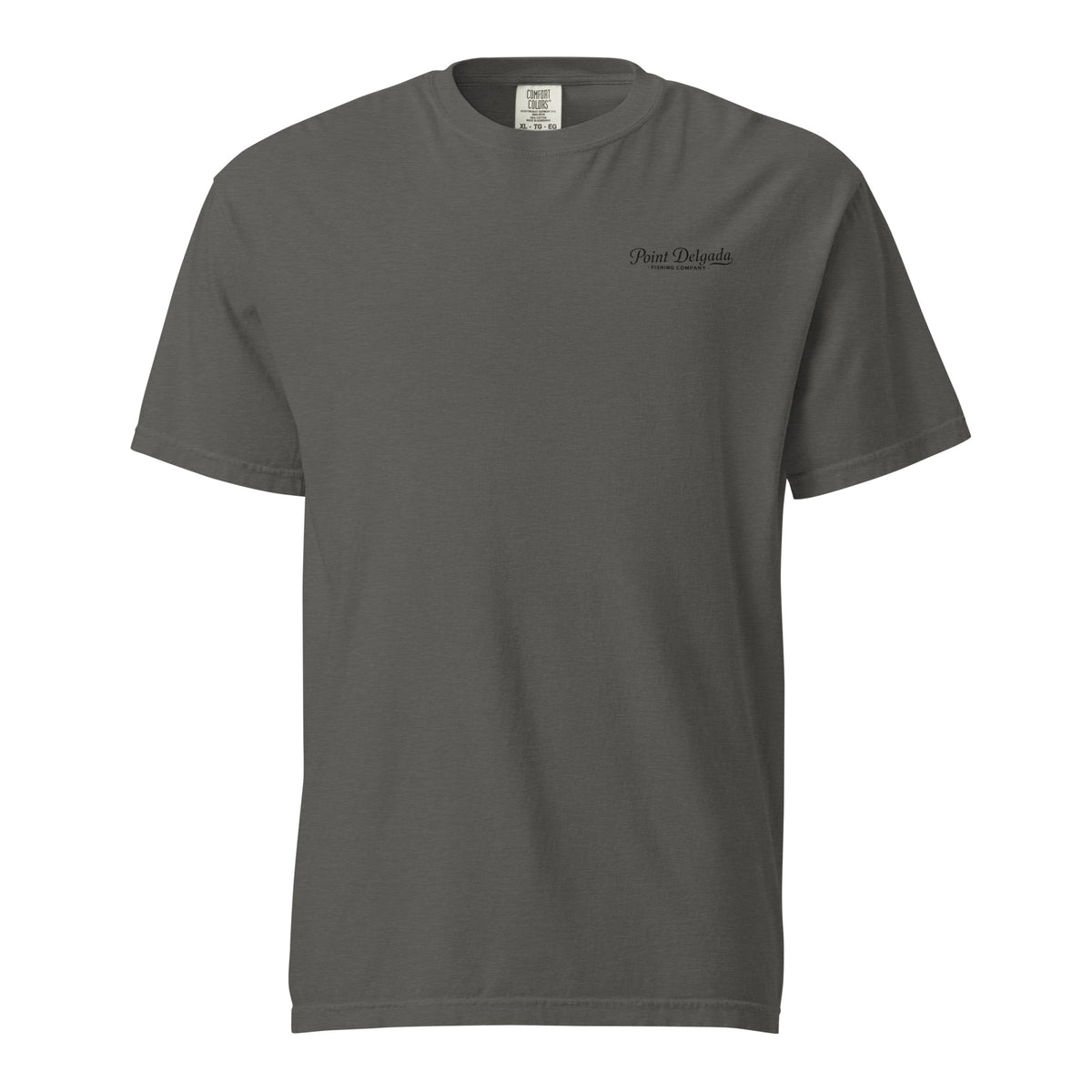 Back: White Point Delgada Home Port T-Shirt with black fish house, pier, fishing boat and Shelter Cove, California coordinates graphic