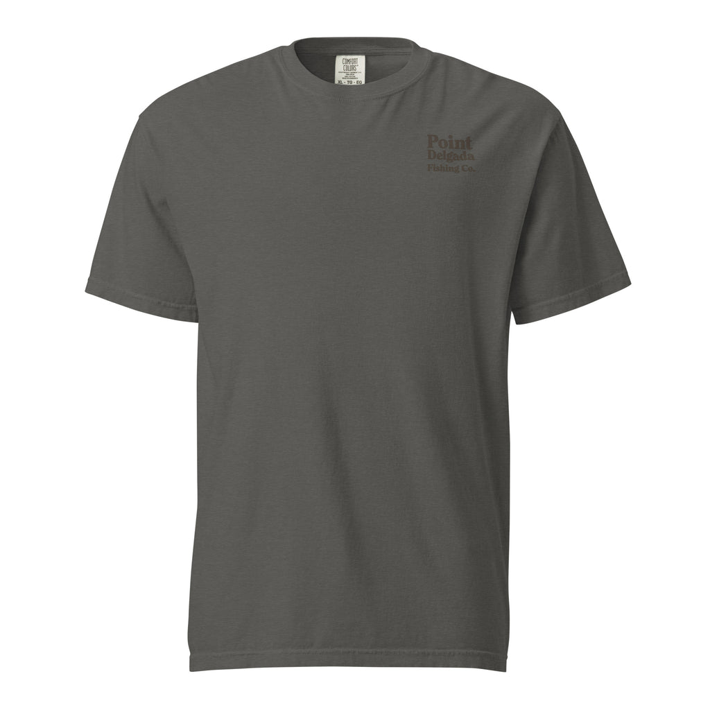 Point Delgada Three Fins T-Shirt with goldenrod vintage badge on the back and left-chest Point Delgada Fishing Co. logo on the front