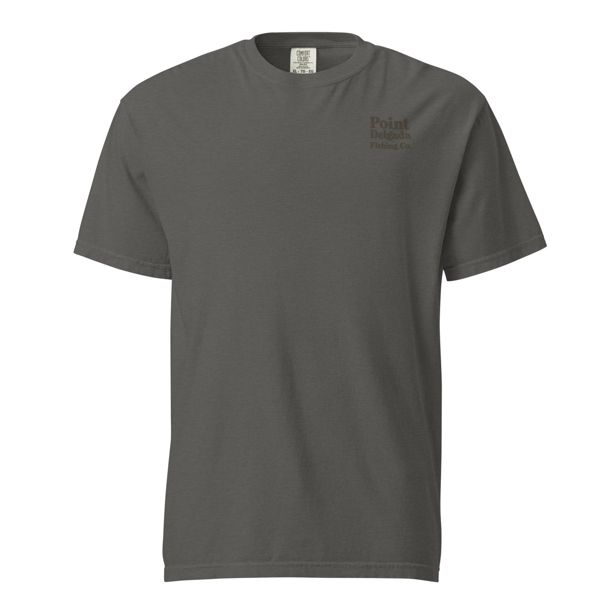 Point Delgada Three Fins T-Shirt with goldenrod vintage badge on the back and left-chest Point Delgada Fishing Co. logo on the front