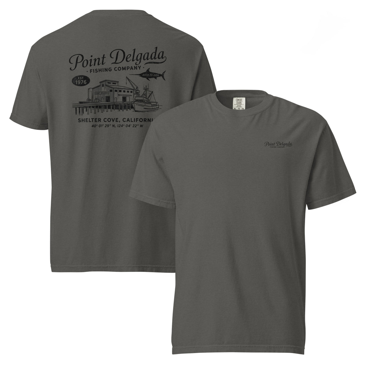 Back: White Point Delgada Home Port T-Shirt with black fish house, pier, fishing boat and Shelter Cove, California coordinates graphic