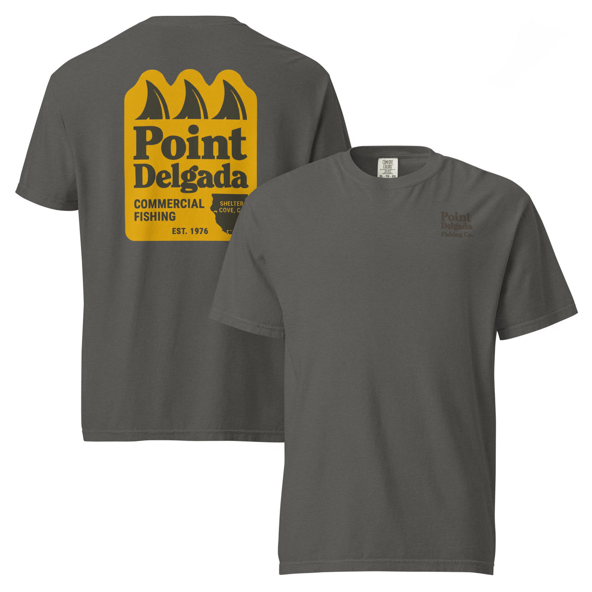 White Point Delgada Three Fins T-Shirt with goldenrod vintage badge on the back and left-chest Point Delgada Fishing Co. logo on the front