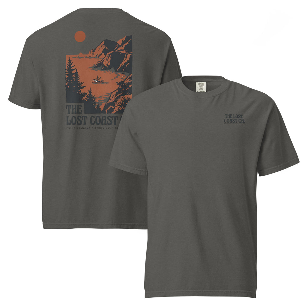 White Point Delgada Lost Coast Cliffs T-Shirt with rust and charcoal vintage print of cliffs, redwoods and a fishing boat on the back and left-chest Lost Coast CA. logo on the front