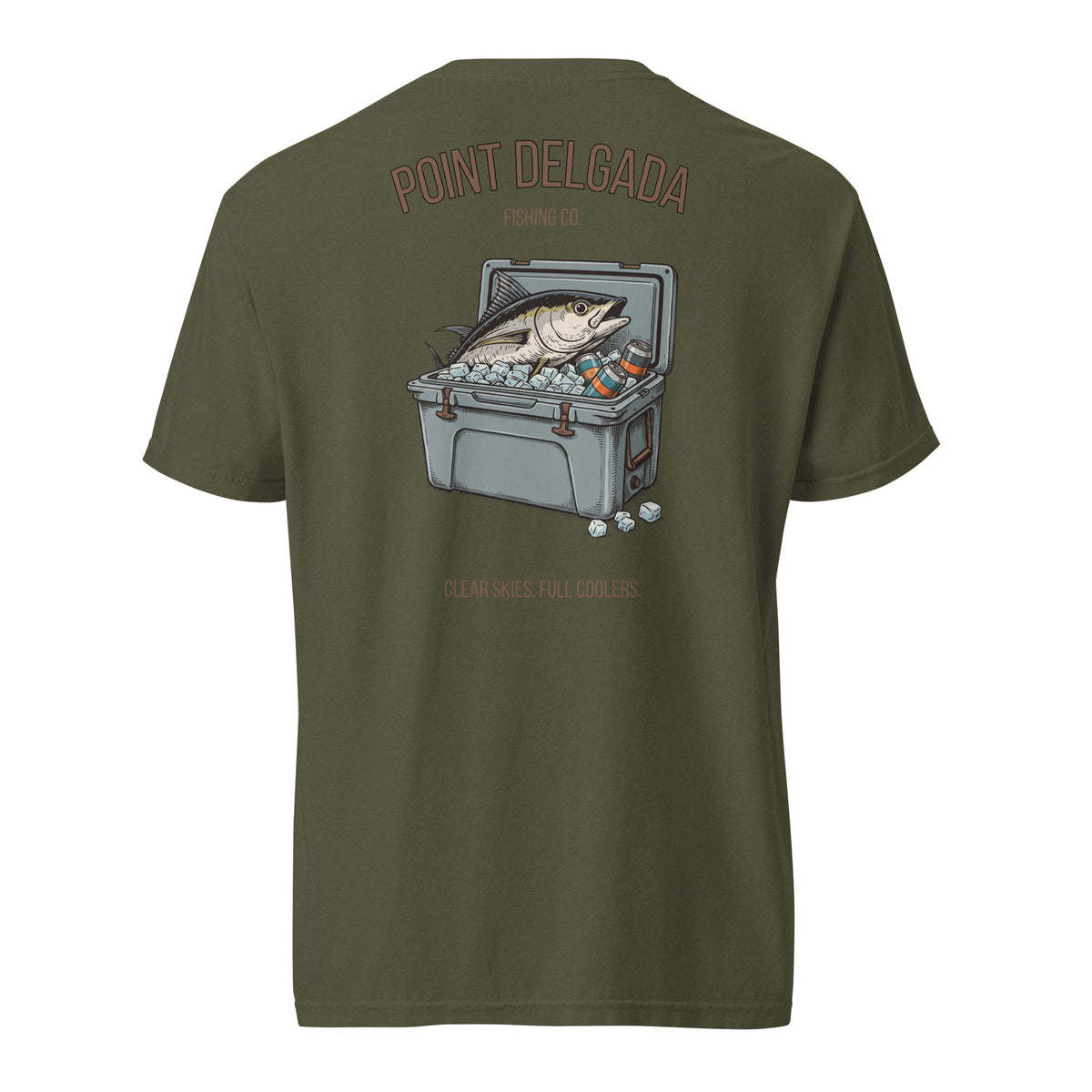 Back: White Point Delgada Full Cooler T-Shirt with albacore tuna in an ice-filled cooler and "Clear Skies. Full Cooler." graphic
Front: White Point Delgada heavyweight tee with left-chest Shelter Cove, CA logo