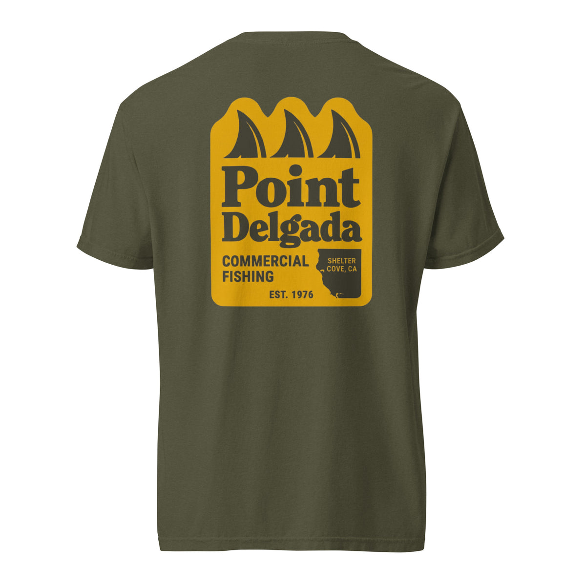 Point Delgada Three Fins T-Shirt with goldenrod vintage badge on the back and left-chest Point Delgada Fishing Co. logo on the front