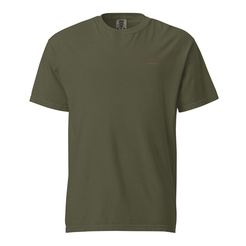 Back: White Point Delgada Full Cooler T-Shirt with albacore tuna in an ice-filled cooler and "Clear Skies. Full Cooler." graphic
Front: White Point Delgada heavyweight tee with left-chest Shelter Cove, CA logo