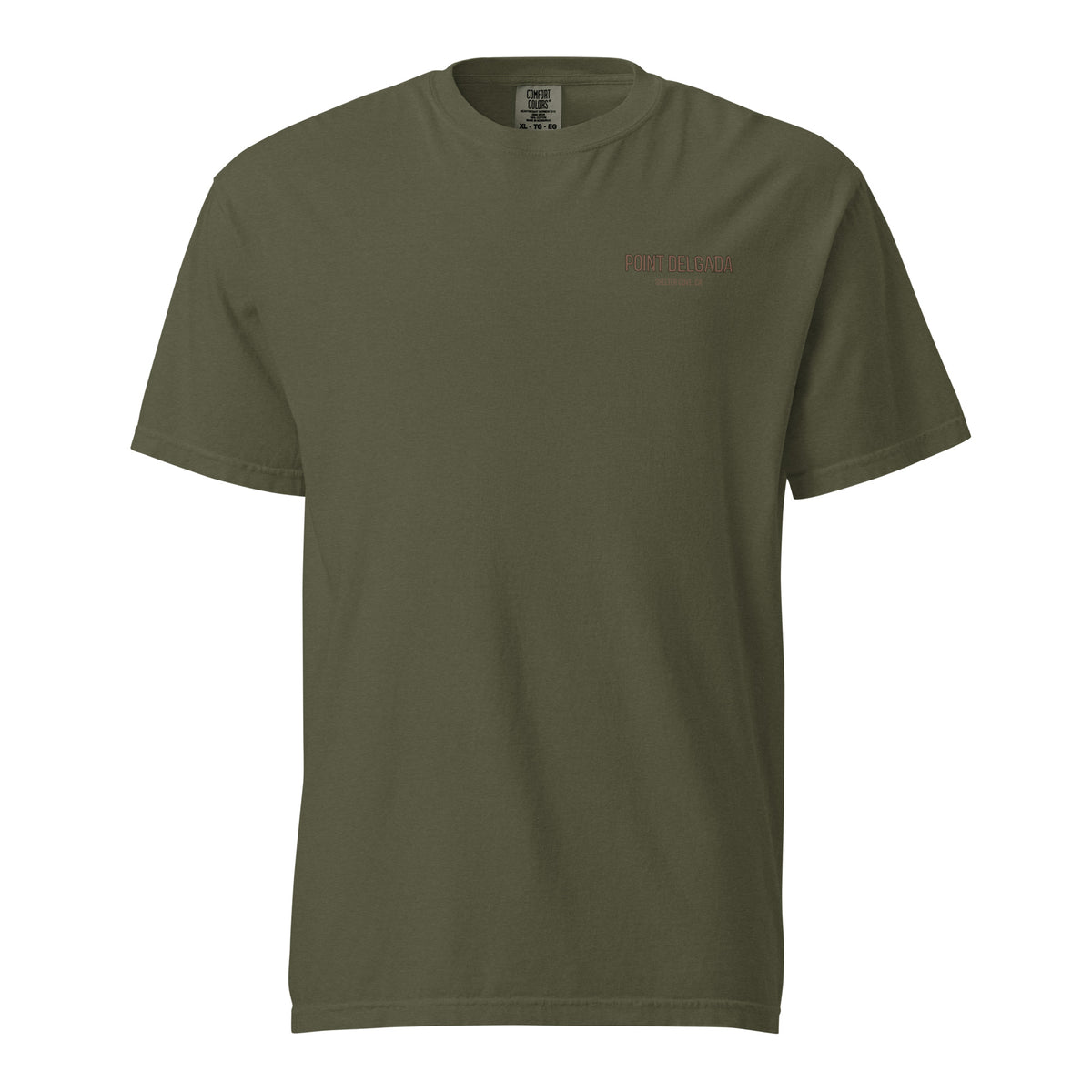 Back: White Point Delgada Full Cooler T-Shirt with albacore tuna in an ice-filled cooler and "Clear Skies. Full Cooler." graphic
Front: White Point Delgada heavyweight tee with left-chest Shelter Cove, CA logo