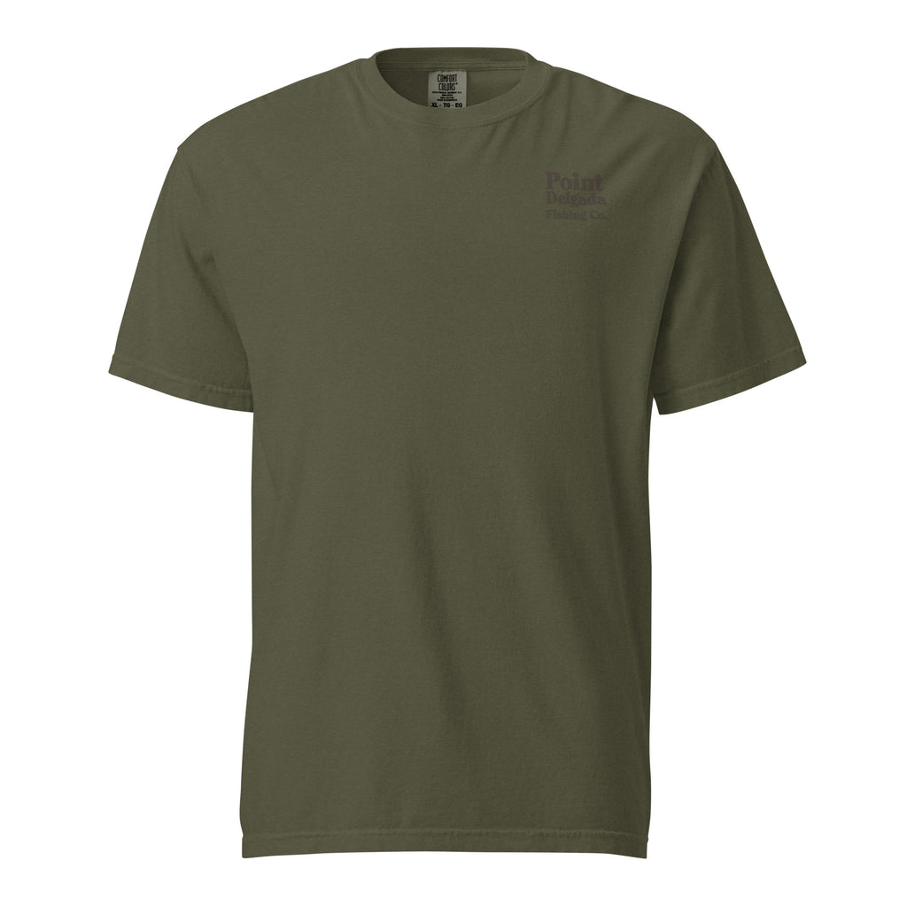 Point Delgada Three Fins T-Shirt with goldenrod vintage badge on the back and left-chest Point Delgada Fishing Co. logo on the front