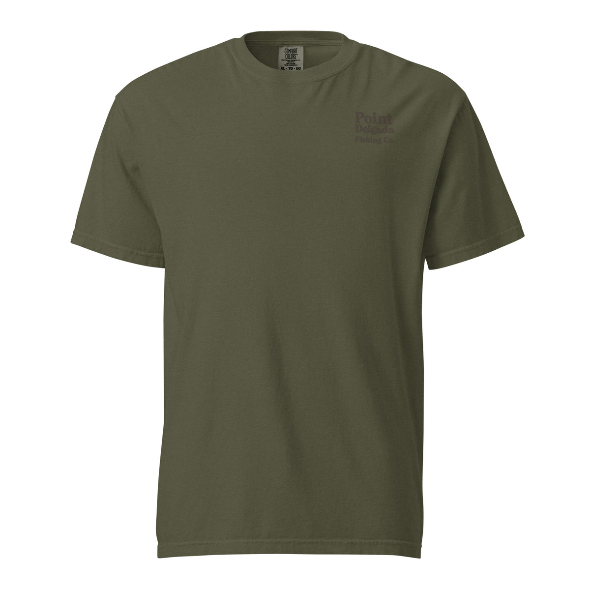 Point Delgada Three Fins T-Shirt with goldenrod vintage badge on the back and left-chest Point Delgada Fishing Co. logo on the front
