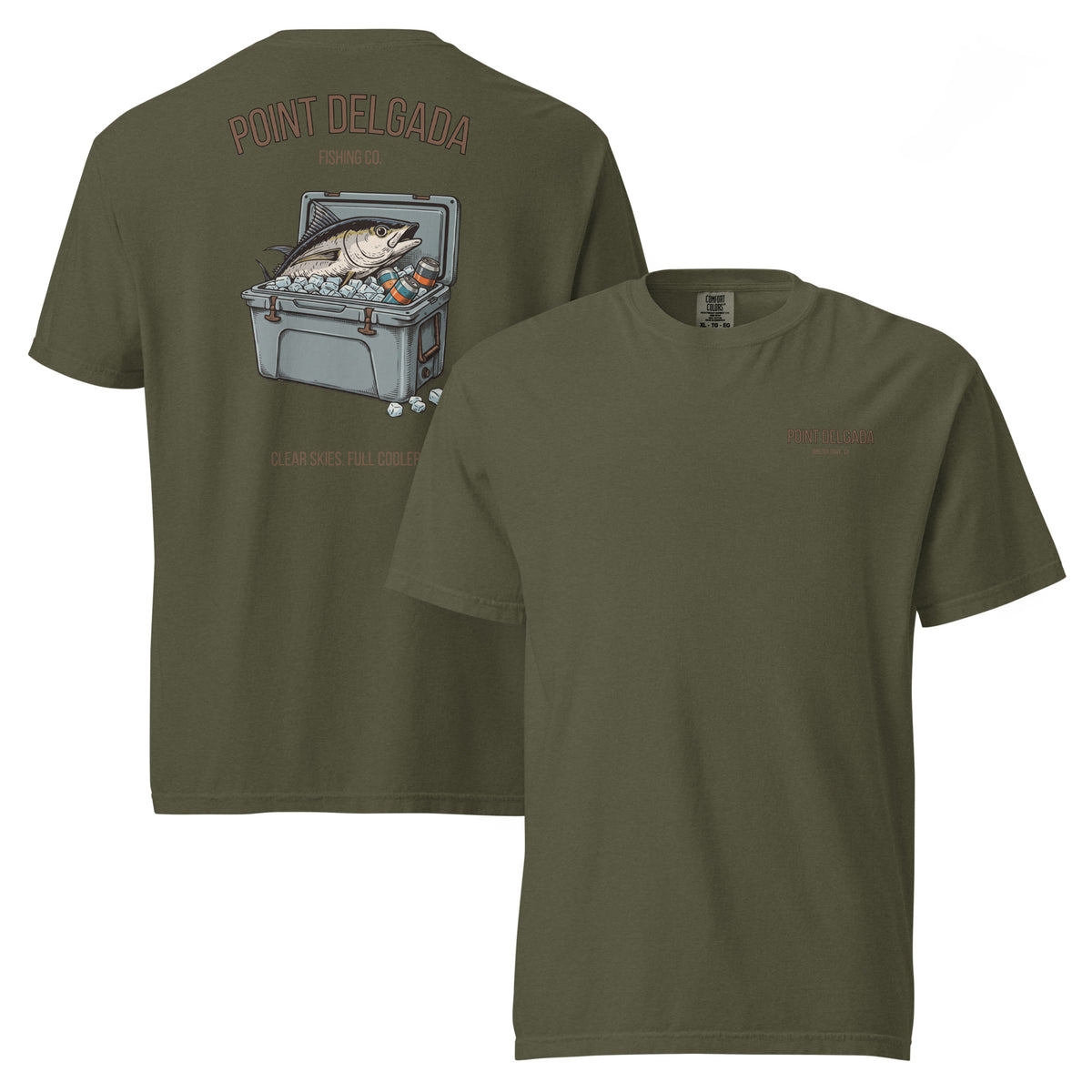 Back: White Point Delgada Full Cooler T-Shirt with albacore tuna in an ice-filled cooler and "Clear Skies. Full Cooler." graphic
Front: White Point Delgada heavyweight tee with left-chest Shelter Cove, CA logo