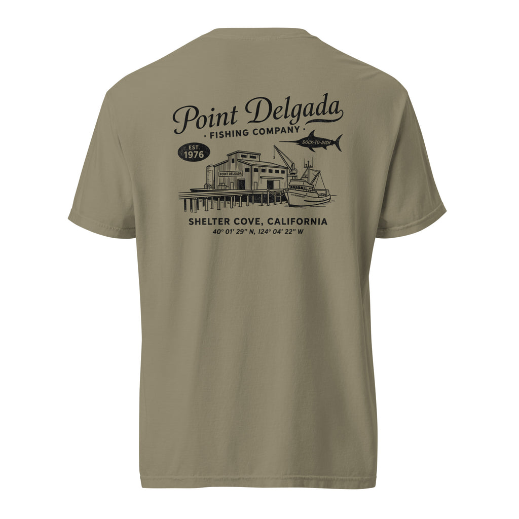 Back: White Point Delgada Home Port T-Shirt with black fish house, pier, fishing boat and Shelter Cove, California coordinates graphic