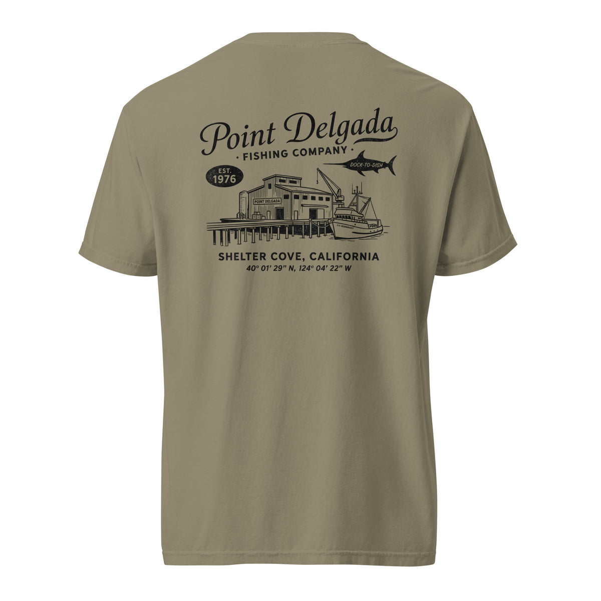 Back: White Point Delgada Home Port T-Shirt with black fish house, pier, fishing boat and Shelter Cove, California coordinates graphic