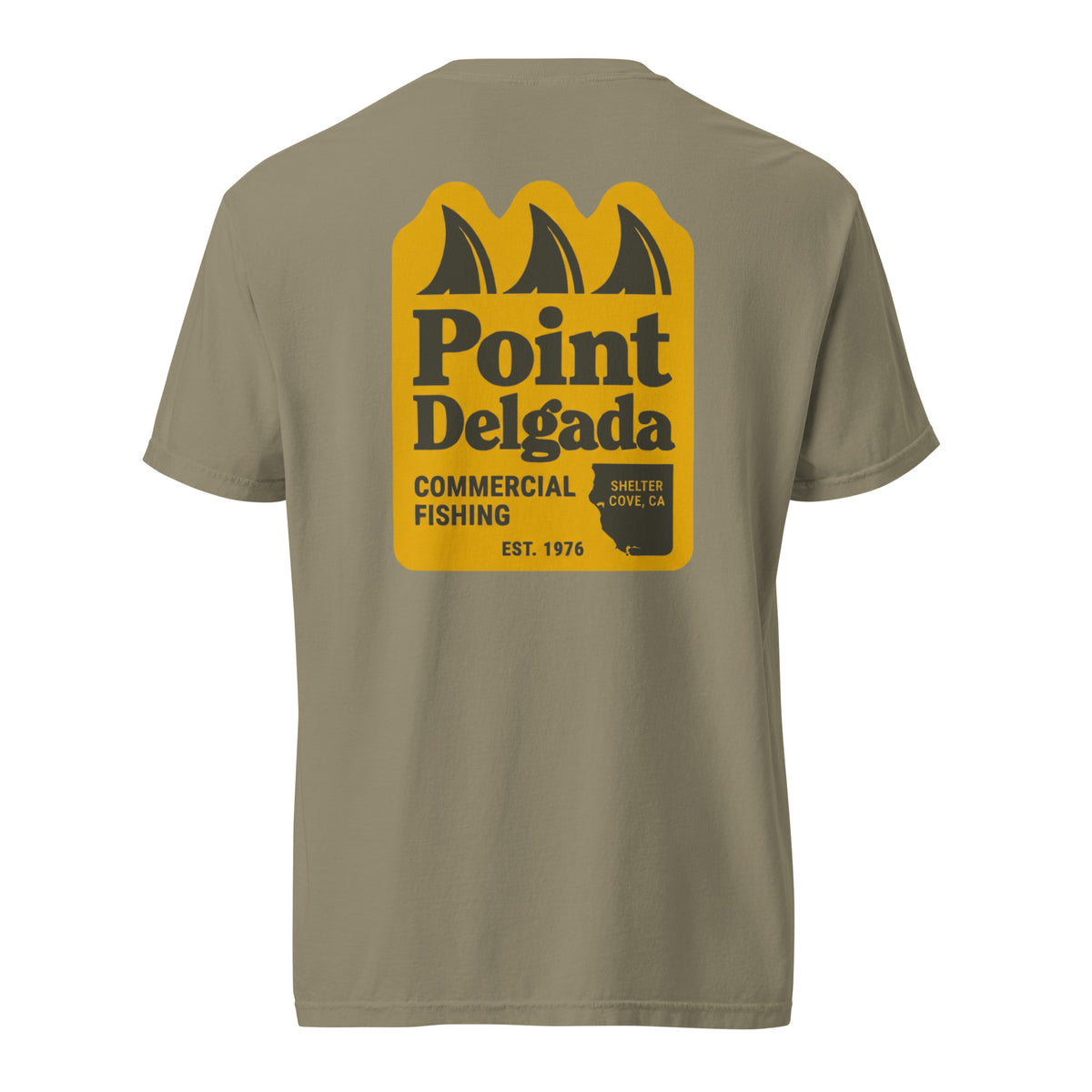 Point Delgada Three Fins T-Shirt with goldenrod vintage badge on the back and left-chest Point Delgada Fishing Co. logo on the front