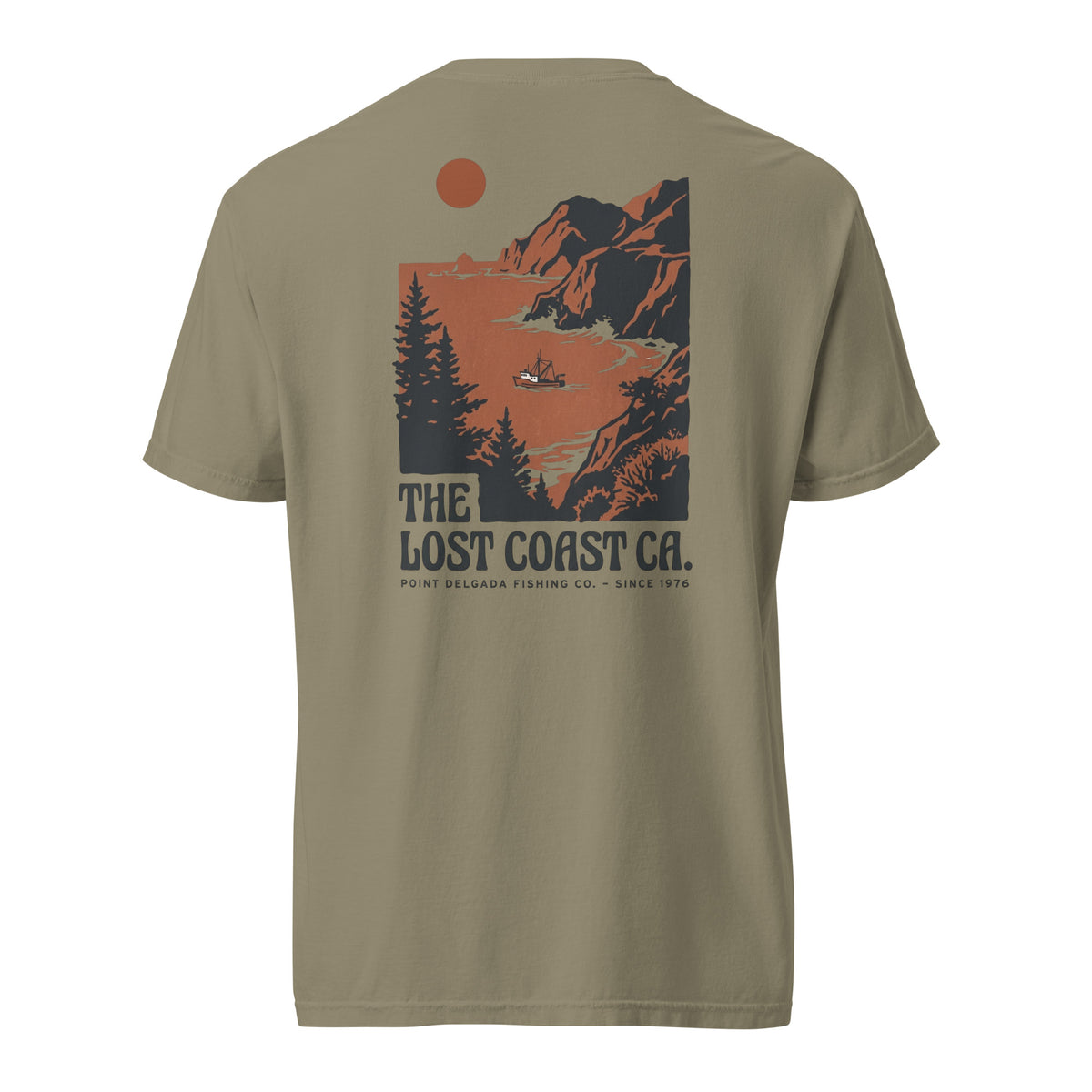 White Point Delgada Lost Coast Cliffs T-Shirt with rust and charcoal vintage print of cliffs, redwoods and a fishing boat on the back and left-chest Lost Coast CA. logo on the front