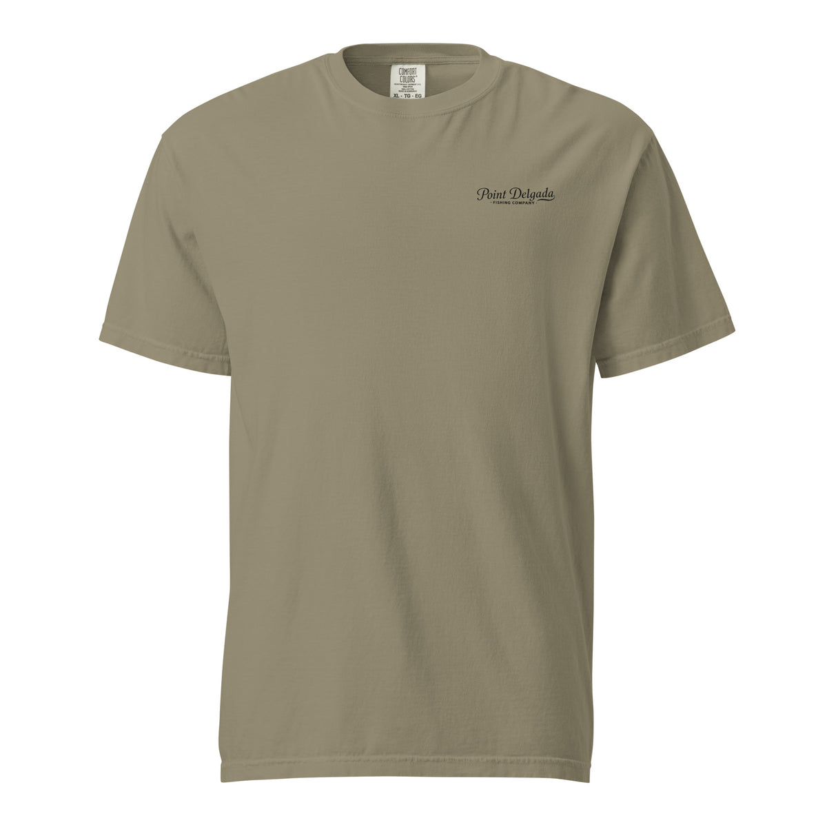 Back: White Point Delgada Home Port T-Shirt with black fish house, pier, fishing boat and Shelter Cove, California coordinates graphic