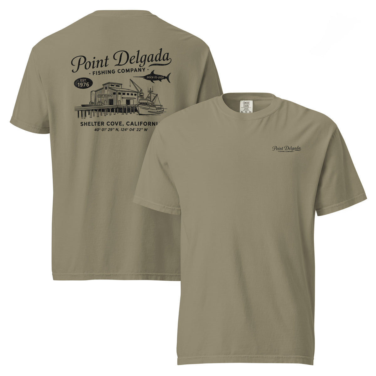 Back: White Point Delgada Home Port T-Shirt with black fish house, pier, fishing boat and Shelter Cove, California coordinates graphic