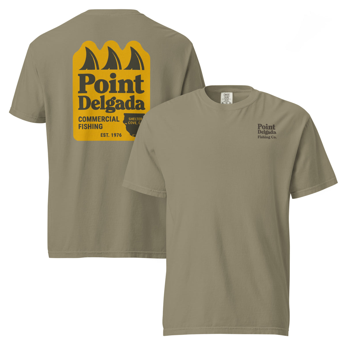 Point Delgada Three Fins T-Shirt with goldenrod vintage badge on the back and left-chest Point Delgada Fishing Co. logo on the front
