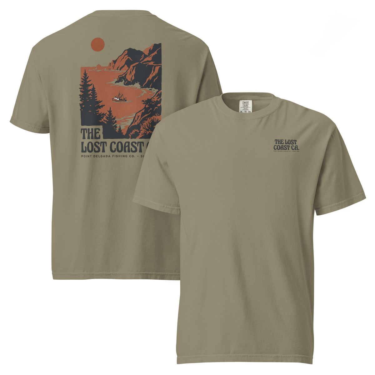 White Point Delgada Lost Coast Cliffs T-Shirt with rust and charcoal vintage print of cliffs, redwoods and a fishing boat on the back and left-chest Lost Coast CA. logo on the front