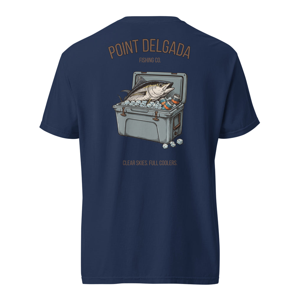 Back: White Point Delgada Full Cooler T-Shirt with albacore tuna in an ice-filled cooler and "Clear Skies. Full Cooler." graphic
Front: White Point Delgada heavyweight tee with left-chest Shelter Cove, CA logo