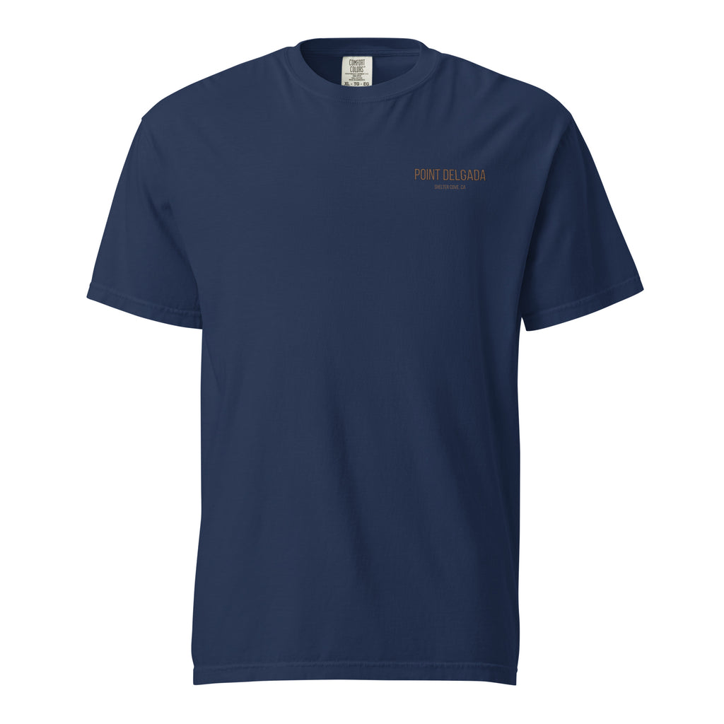 Back: White Point Delgada Full Cooler T-Shirt with albacore tuna in an ice-filled cooler and "Clear Skies. Full Cooler." graphic
Front: White Point Delgada heavyweight tee with left-chest Shelter Cove, CA logo