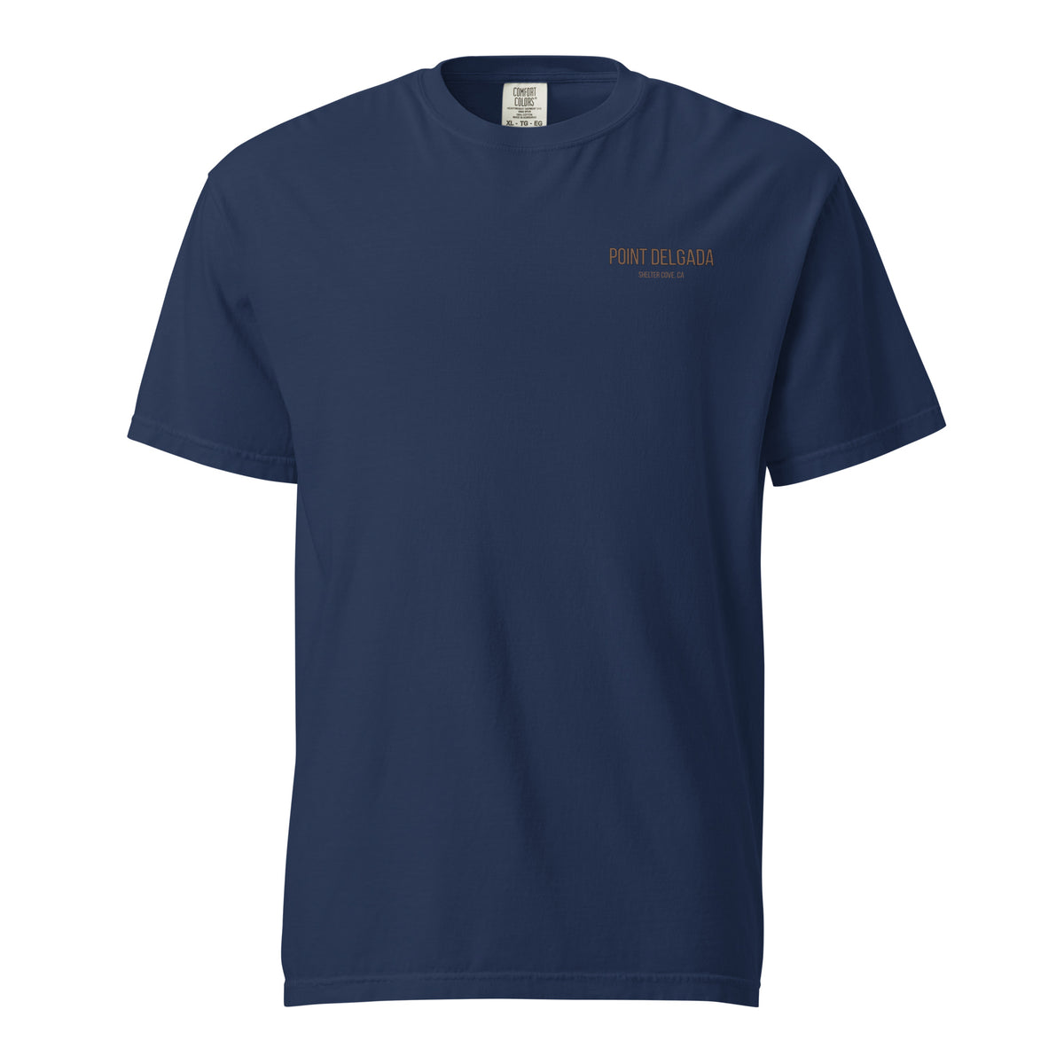 Back: White Point Delgada Full Cooler T-Shirt with albacore tuna in an ice-filled cooler and "Clear Skies. Full Cooler." graphic
Front: White Point Delgada heavyweight tee with left-chest Shelter Cove, CA logo