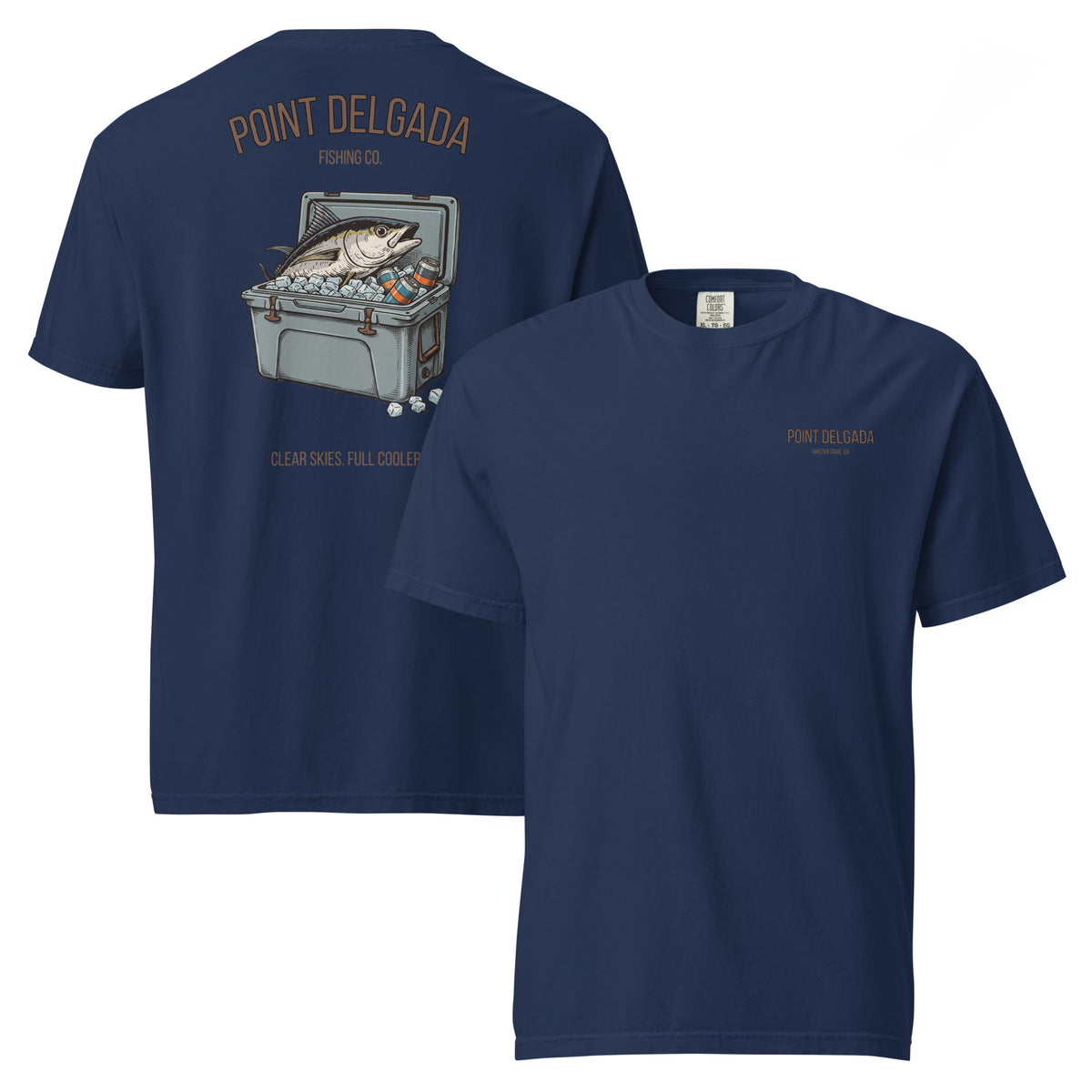 Back: White Point Delgada Full Cooler T-Shirt with albacore tuna in an ice-filled cooler and "Clear Skies. Full Cooler." graphic
Front: White Point Delgada heavyweight tee with left-chest Shelter Cove, CA logo