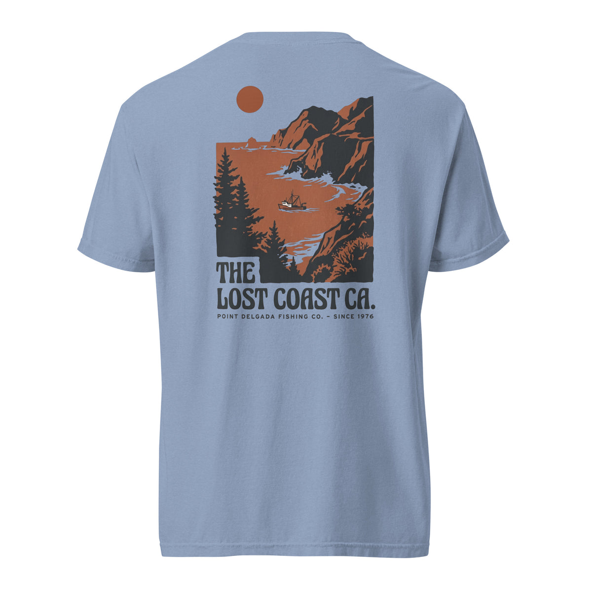 White Point Delgada Lost Coast Cliffs T-Shirt with rust and charcoal vintage print of cliffs, redwoods and a fishing boat on the back and left-chest Lost Coast CA. logo on the front