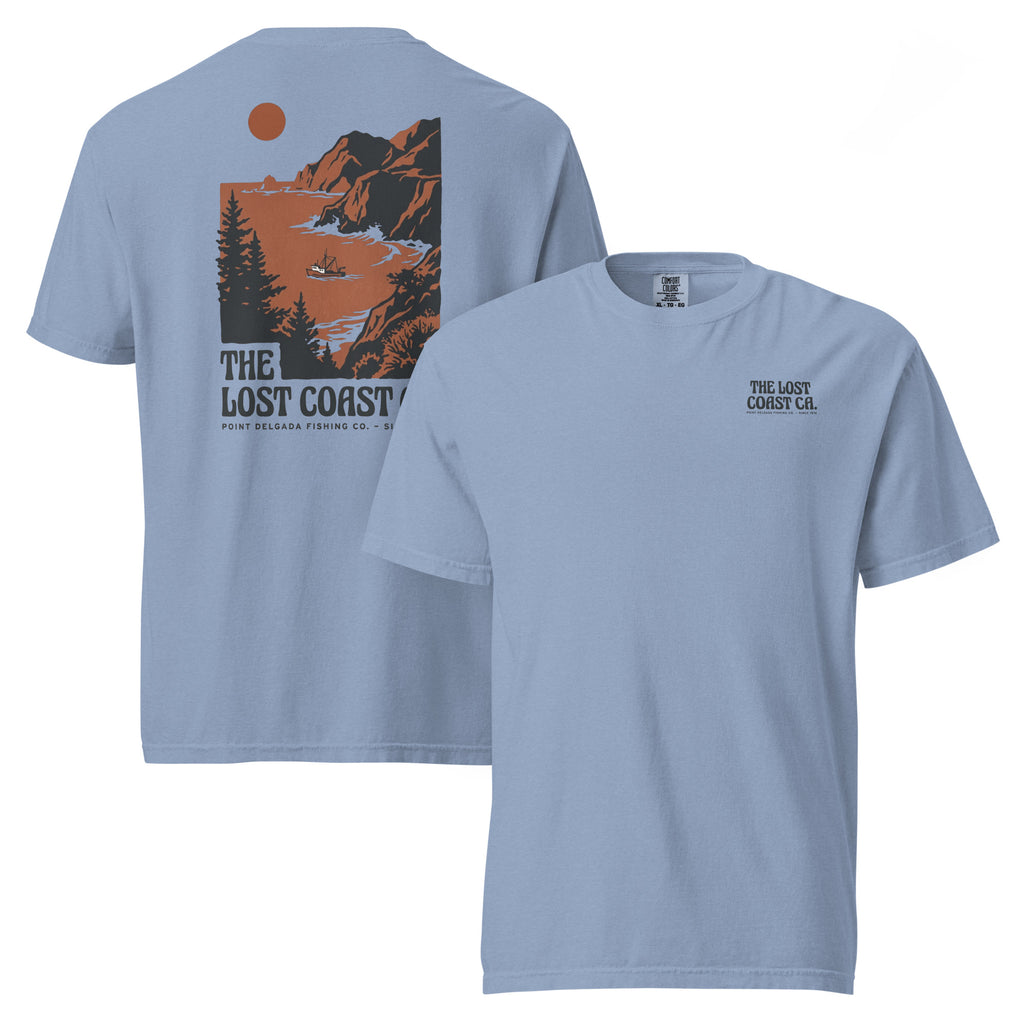White Point Delgada Lost Coast Cliffs T-Shirt with rust and charcoal vintage print of cliffs, redwoods and a fishing boat on the back and left-chest Lost Coast CA. logo on the front