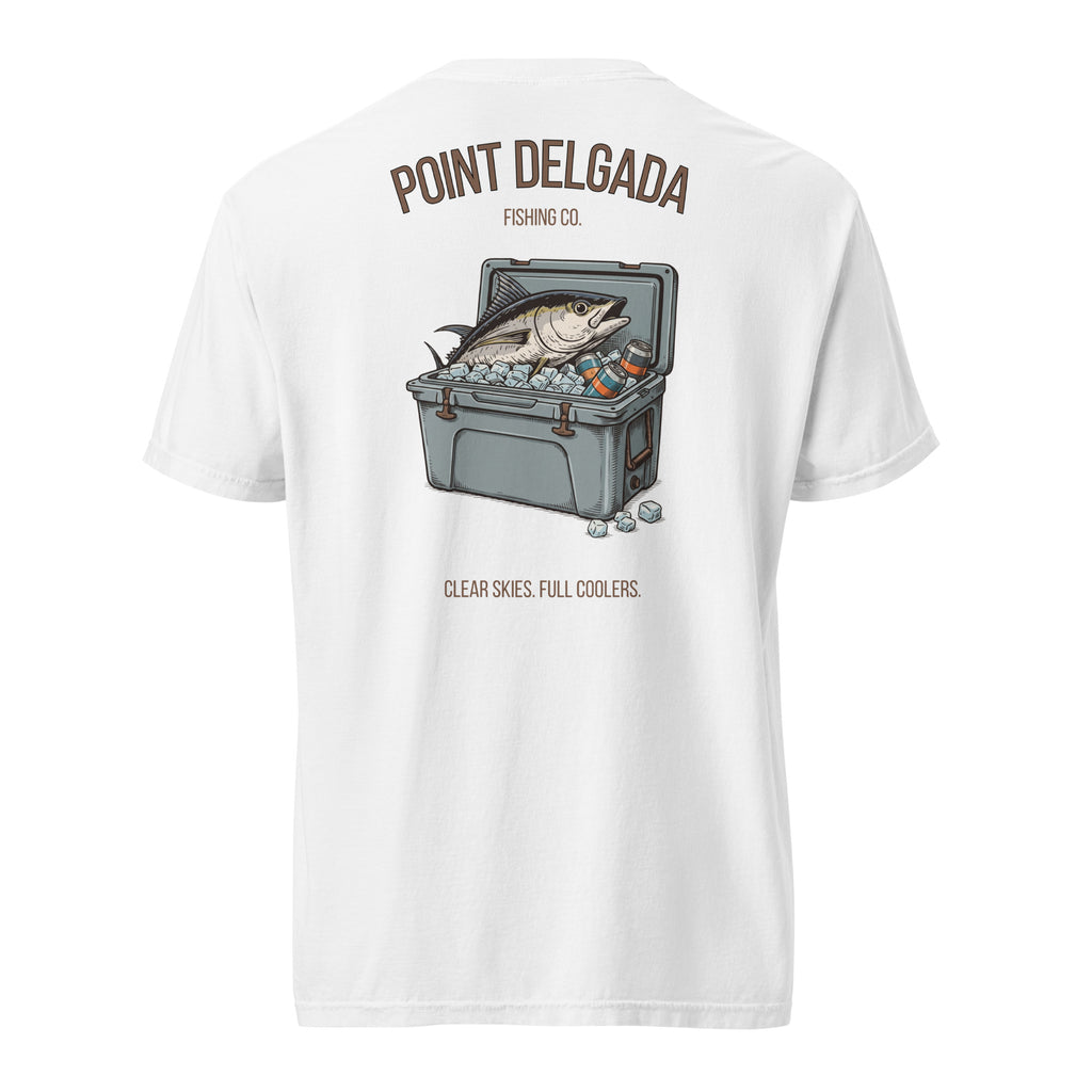 Back: White Point Delgada Full Cooler T-Shirt with albacore tuna in an ice-filled cooler and "Clear Skies. Full Cooler." graphic
Front: White Point Delgada heavyweight tee with left-chest Shelter Cove, CA logo