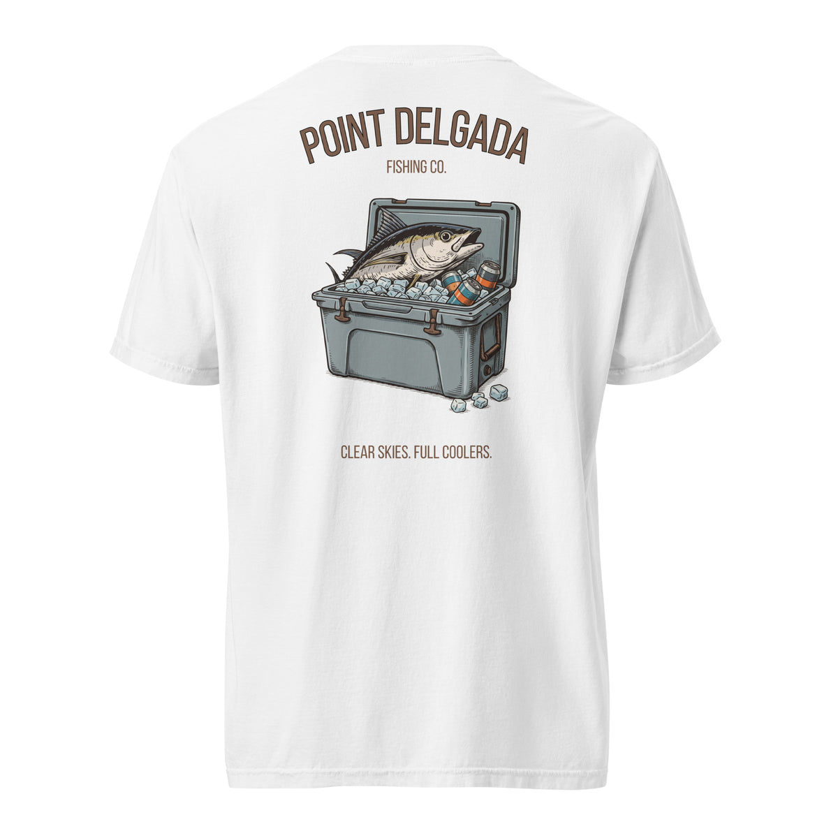 Back: White Point Delgada Full Cooler T-Shirt with albacore tuna in an ice-filled cooler and "Clear Skies. Full Cooler." graphic
Front: White Point Delgada heavyweight tee with left-chest Shelter Cove, CA logo