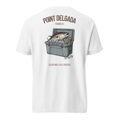 Back: White Point Delgada Full Cooler T-Shirt with albacore tuna in an ice-filled cooler and "Clear Skies. Full Cooler." graphic
Front: White Point Delgada heavyweight tee with left-chest Shelter Cove, CA logo