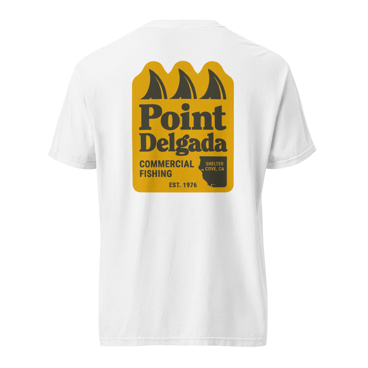 Point Delgada Three Fins T-Shirt with goldenrod vintage badge on the back and left-chest Point Delgada Fishing Co. logo on the front