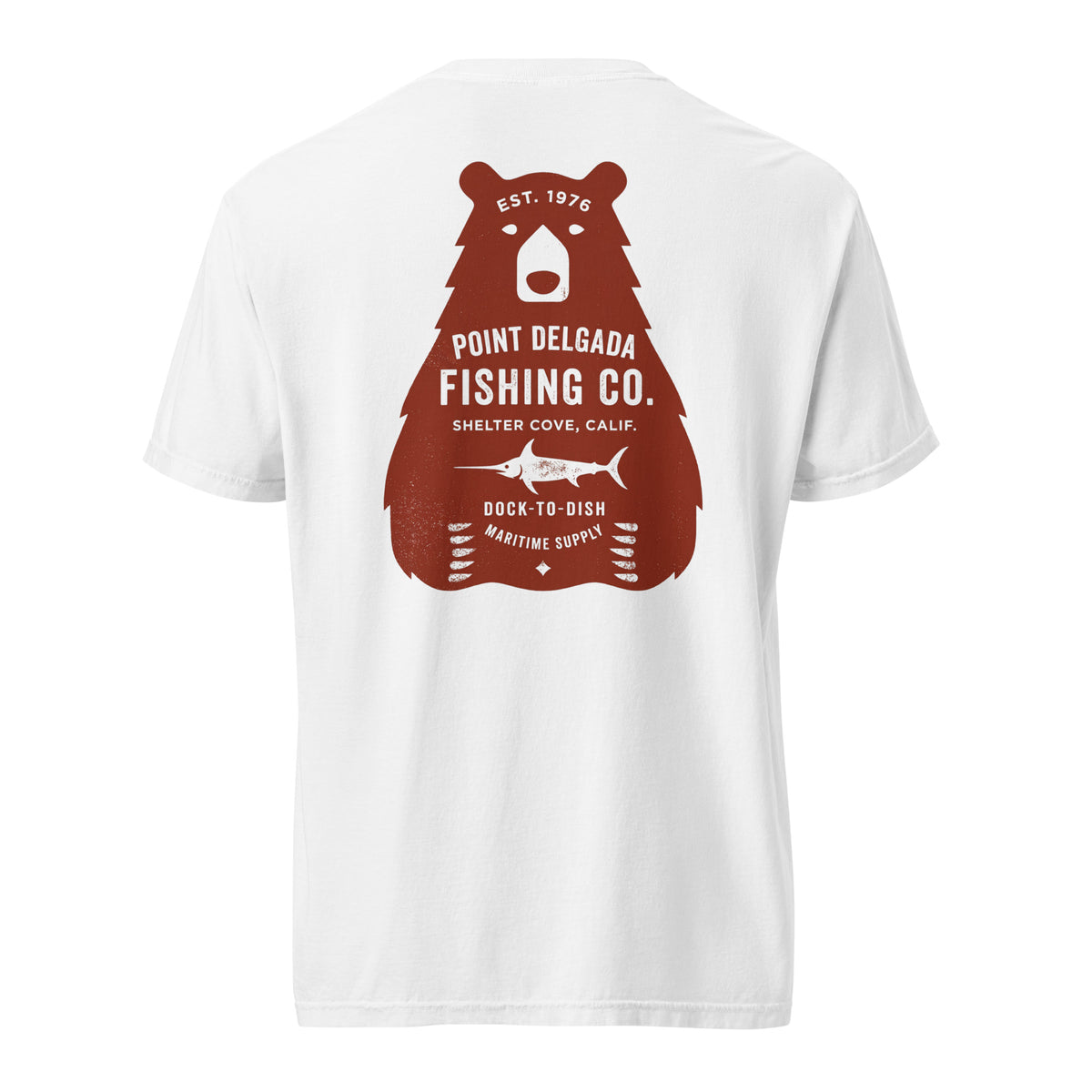 Point Delgada Bear Crest T-Shirt with distressed red bear and swordfish crest on the back and left-chest Point Delgada Fishing Co. logo on the front