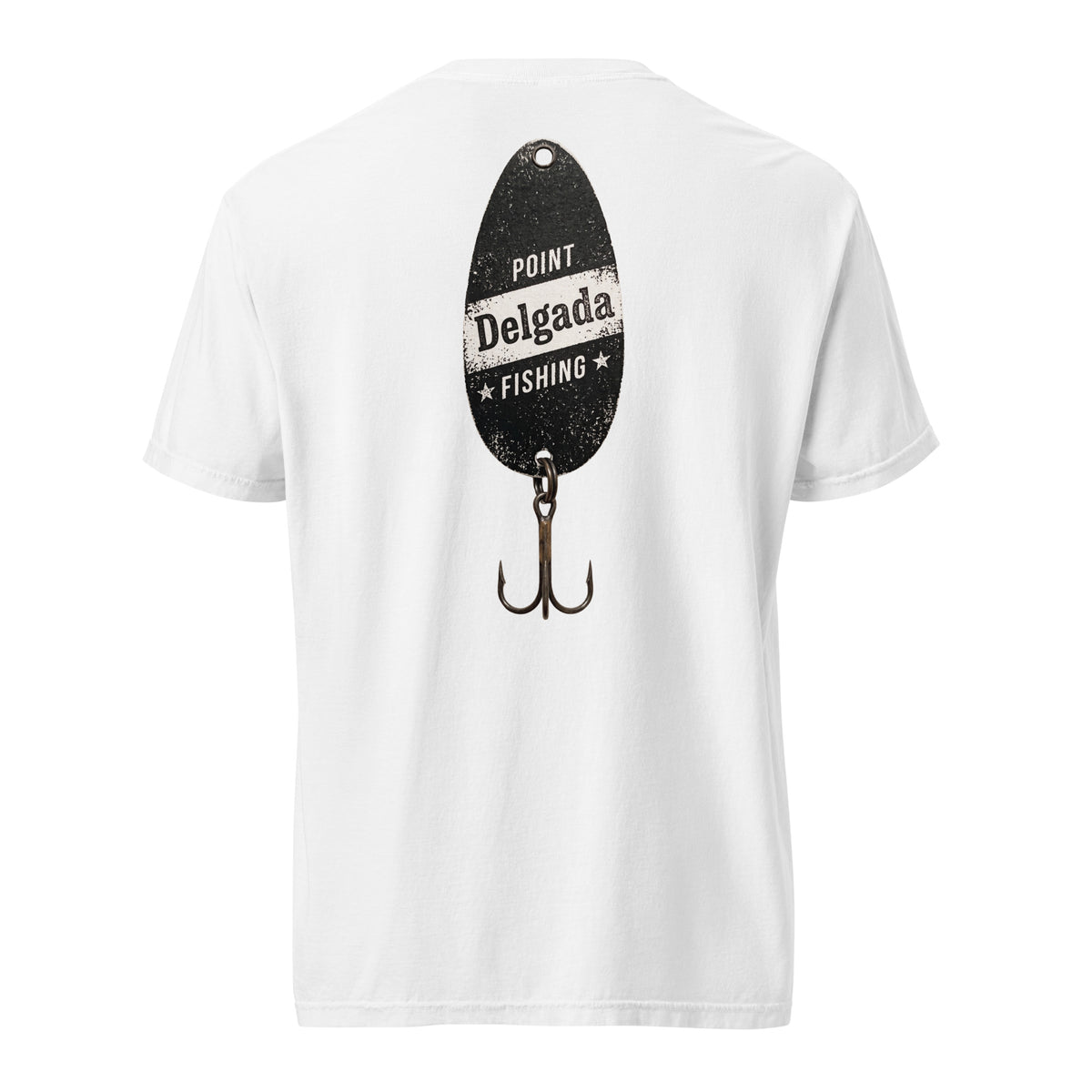 White Point Delgada Spoon Lure T-Shirt with distressed black fishing spoon and treble hook on the back and left-chest lure logo on the front