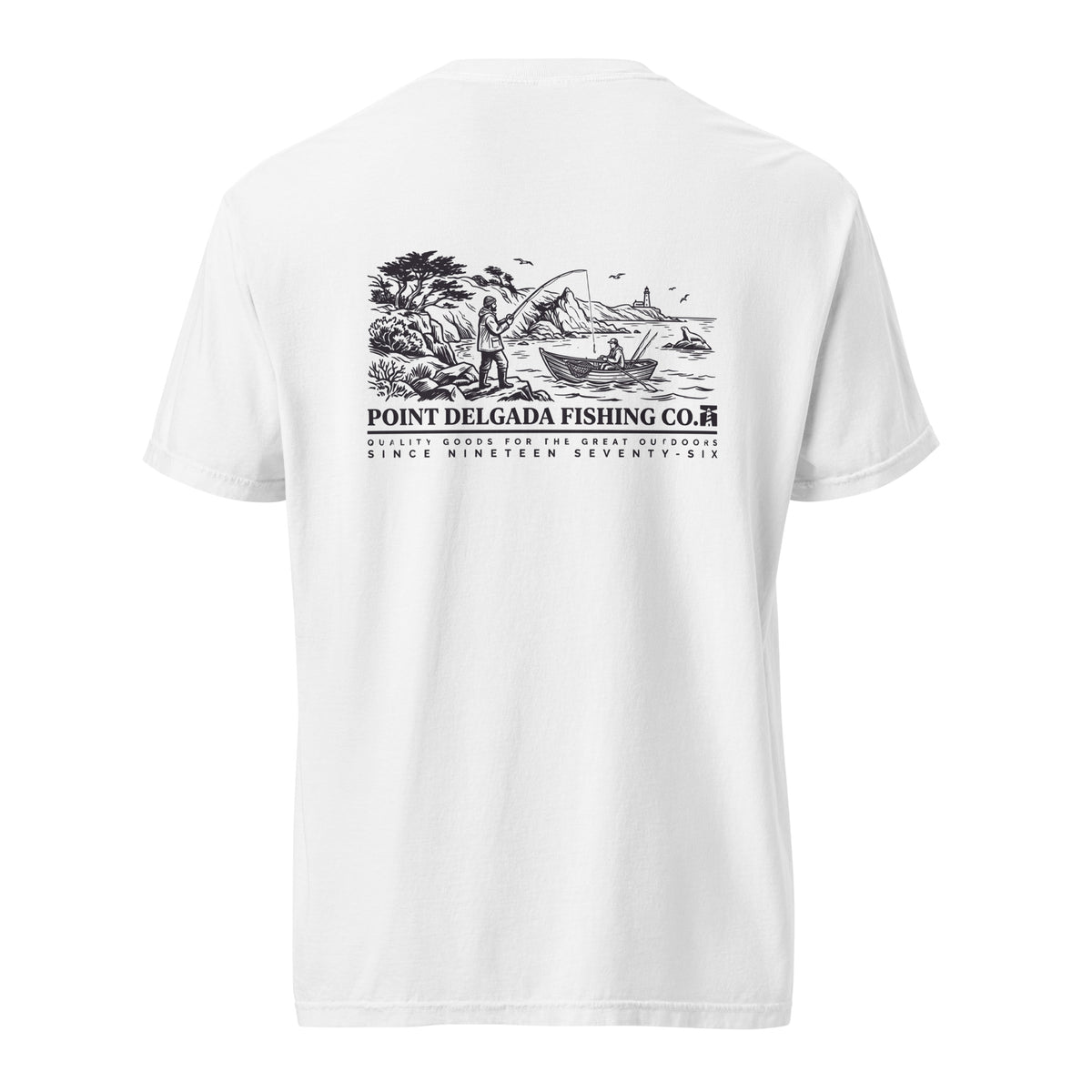 White Point Delgada Shoreline T-Shirt with black engraved coastal fishing scene and lighthouse on the back and left-chest lure logo on the front