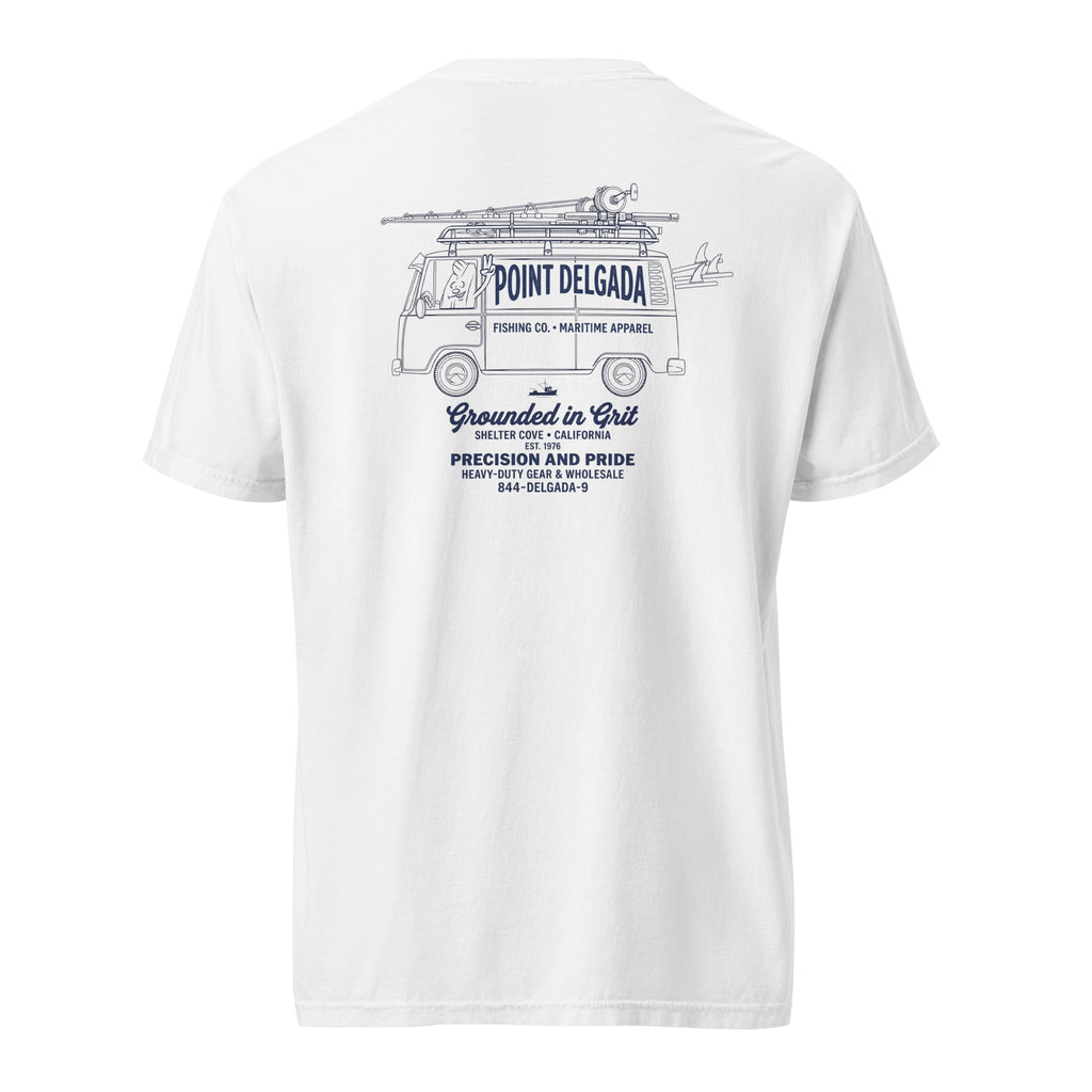 White Point Delgada Supply Van T-Shirt with navy vintage van carrying fishing rods on the back and left-chest Point Delgada Fishing Co. logo on the front