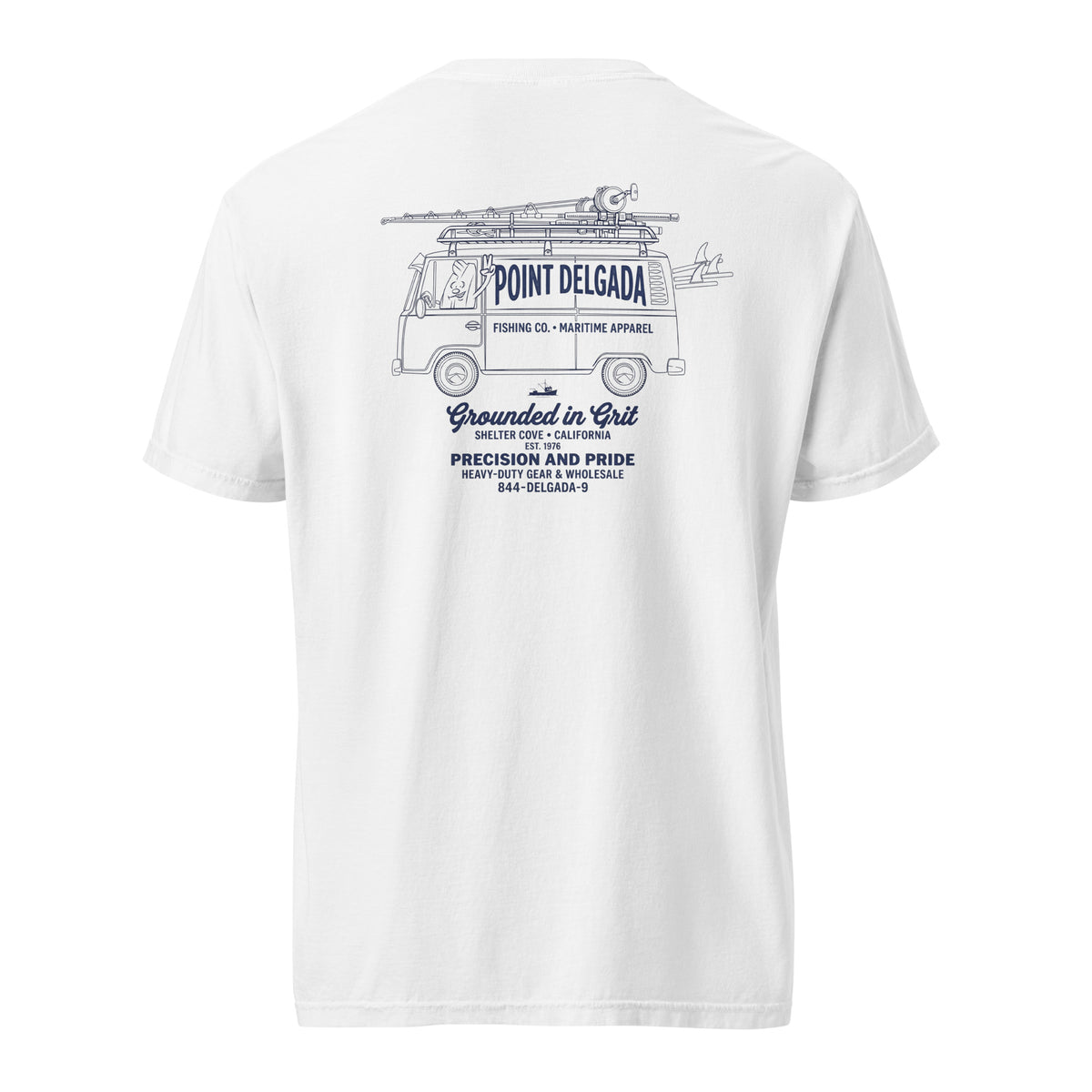 White Point Delgada Supply Van T-Shirt with navy vintage van carrying fishing rods on the back and left-chest Point Delgada Fishing Co. logo on the front