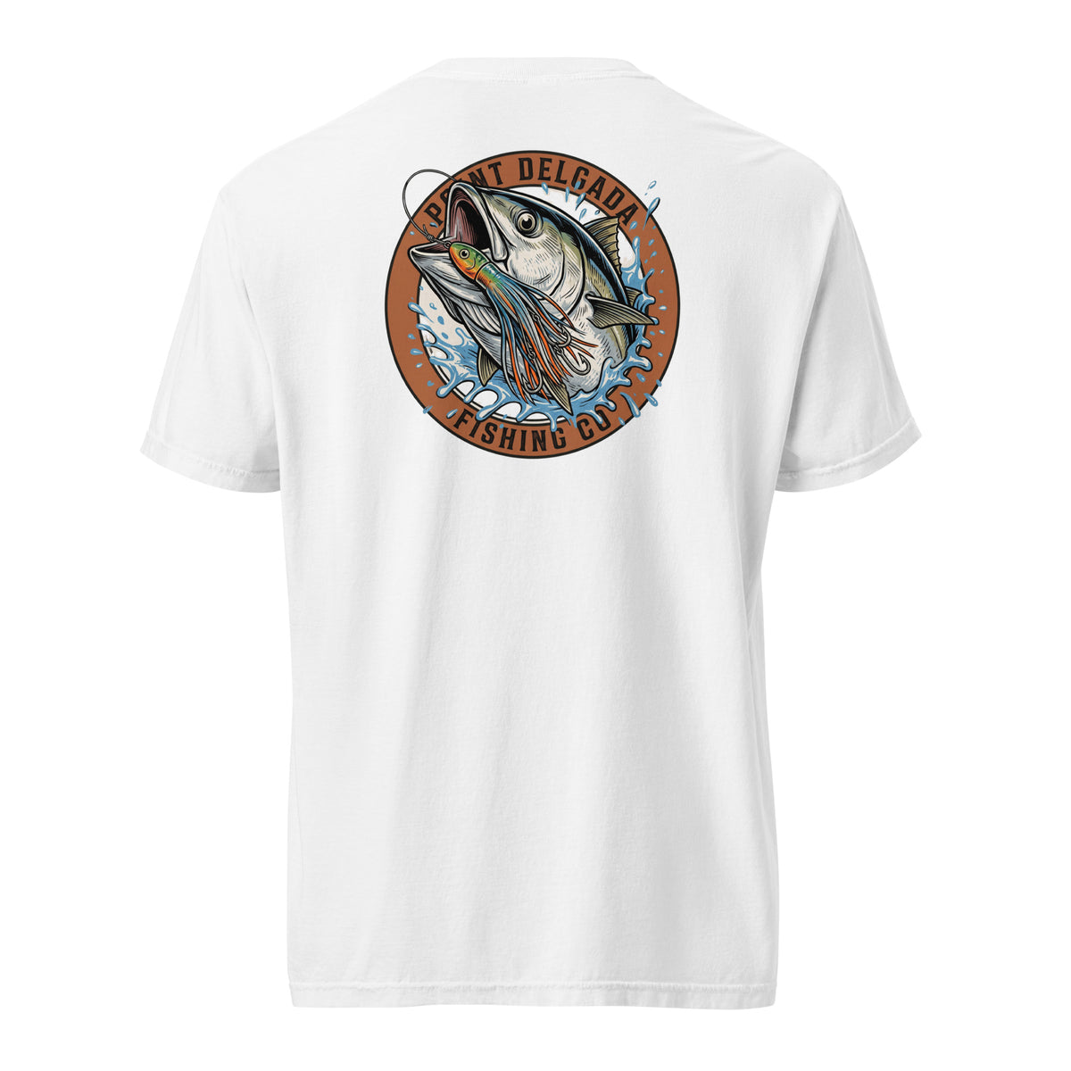 Point Delgada Tuna Strike T-Shirt with full-color tuna striking a trolling lure on the back and Point Delgada The Lost Coast, CA logo on the front