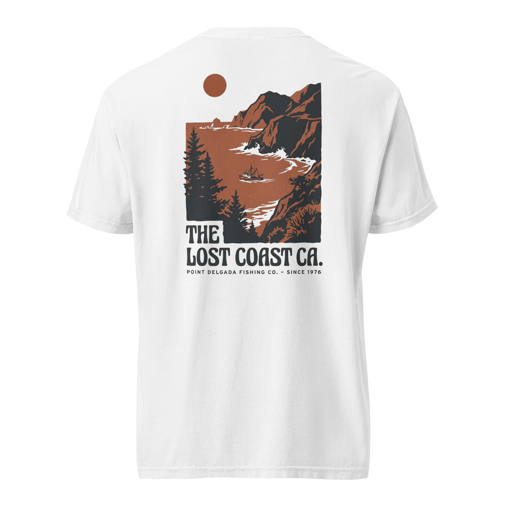 White Point Delgada Lost Coast Cliffs T-Shirt with rust and charcoal vintage print of cliffs, redwoods and a fishing boat on the back and left-chest Lost Coast CA. logo on the front