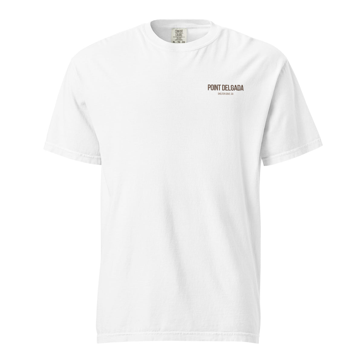 Back: White Point Delgada Full Cooler T-Shirt with albacore tuna in an ice-filled cooler and "Clear Skies. Full Cooler." graphic
Front: White Point Delgada heavyweight tee with left-chest Shelter Cove, CA logo