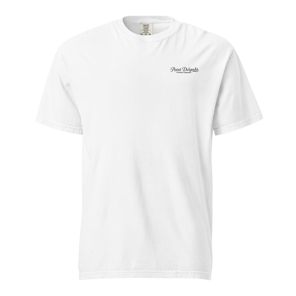 Back: White Point Delgada Home Port T-Shirt with black fish house, pier, fishing boat and Shelter Cove, California coordinates graphic