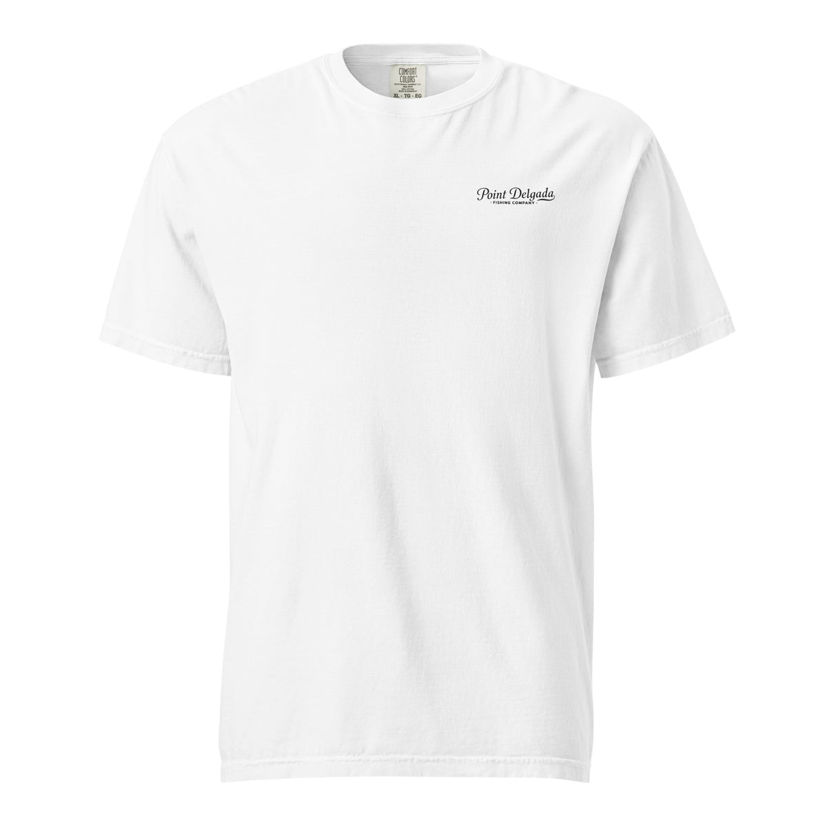 Back: White Point Delgada Home Port T-Shirt with black fish house, pier, fishing boat and Shelter Cove, California coordinates graphic