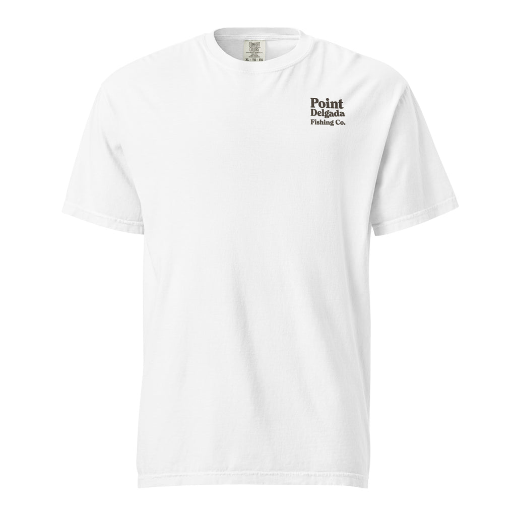 Point Delgada Three Fins T-Shirt with goldenrod vintage badge on the back and left-chest Point Delgada Fishing Co. logo on the front