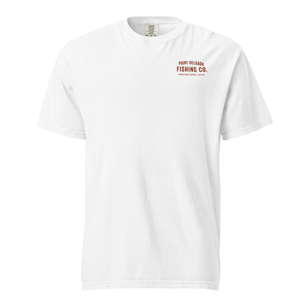 Point Delgada Bear Crest T-Shirt with distressed red bear and swordfish crest on the back and left-chest Point Delgada Fishing Co. logo on the front