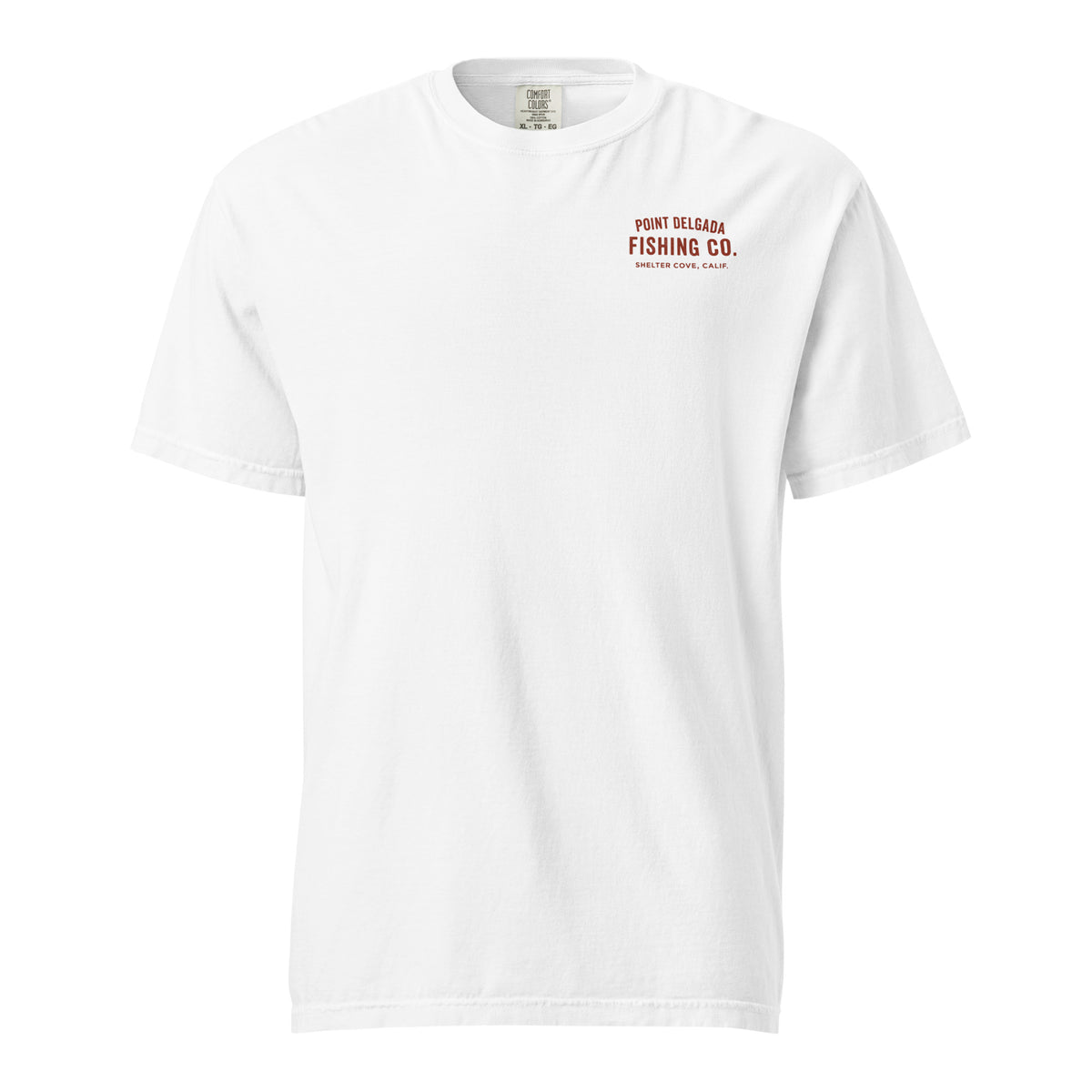 Point Delgada Bear Crest T-Shirt with distressed red bear and swordfish crest on the back and left-chest Point Delgada Fishing Co. logo on the front