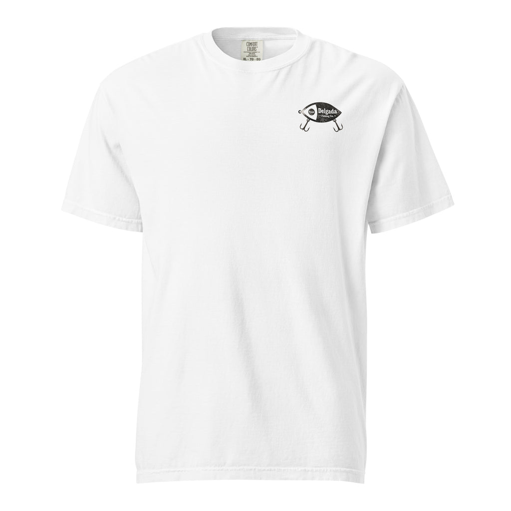 White Point Delgada Spoon Lure T-Shirt with distressed black fishing spoon and treble hook on the back and left-chest lure logo on the front