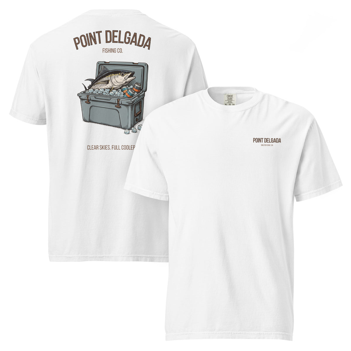 Back: White Point Delgada Full Cooler T-Shirt with albacore tuna in an ice-filled cooler and "Clear Skies. Full Cooler." graphic
Front: White Point Delgada heavyweight tee with left-chest Shelter Cove, CA logo