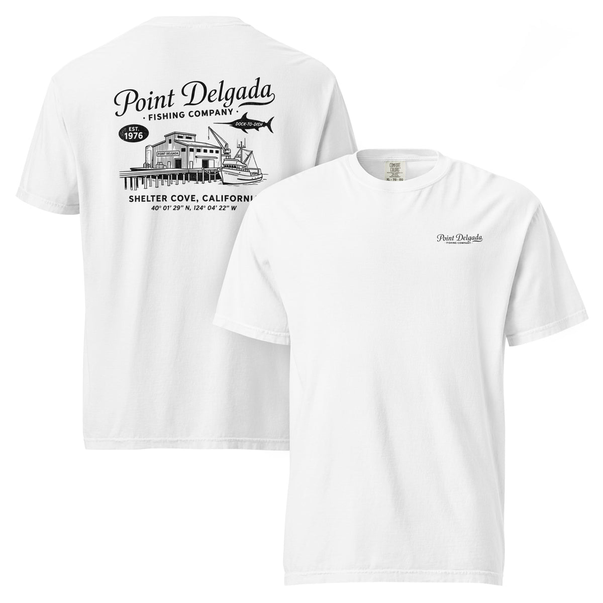 Back: White Point Delgada Home Port T-Shirt with black fish house, pier, fishing boat and Shelter Cove, California coordinates graphic